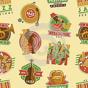 Jazz music festival label with saxophone wind instruments musician fest and microphone badge vector seamless pattern