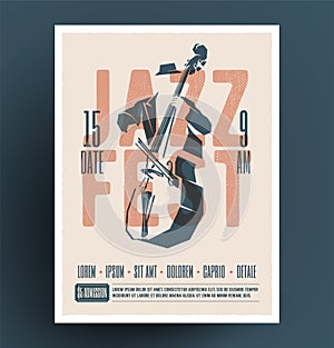 Jazz music festival or party or live music event flyer or advertising promo poster design template with jazz double bass player