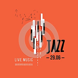 Jazz music festival, poster background template. Keyboard with music keys. Flyer Vector design