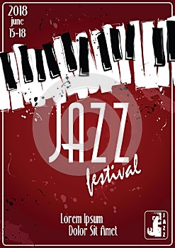 Jazz music festival, poster background template. Keyboard with music notes. Flyer Vector design.