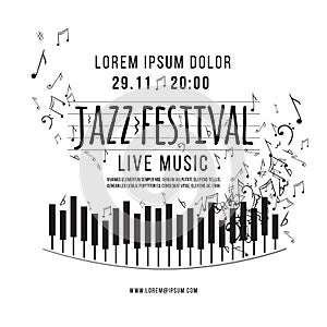 Jazz music festival, poster background template. keyboard with music notes. vector