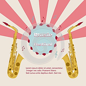 Jazz music festival, poster background template. Saxophone with music notes. Flyer Vector design.