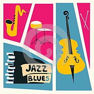 Jazz music festival poster with music instruments. Saxophone, piano, violoncello and cymbals flat vector illustration. Jazz conc