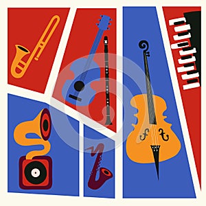 Jazz music festival poster with music instruments. Saxophone, trumpet, guitar, violoncello, piano and clarinet flat vector illustr