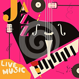 Jazz music festival poster with piano and microphone flat vector illustration design. Colorful music background, music show, live