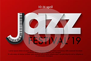 Jazz music festival poster template. Keyboard and paper letters on red background. Vector flyer or banner design.