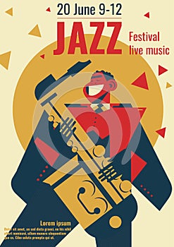 Jazz music festival poster vector illustration or jazzman playing saxophone for jazz club concert placard