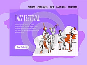 Jazz music festival, quartet in concert. Vector illutration, design template of music site, header, banner or poster.