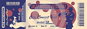 Jazz Music Festival ticket template with barcode. Jazz man playing concert on trumpet graphic vector design element