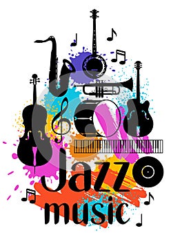Jazz music grunge poster with musical instruments
