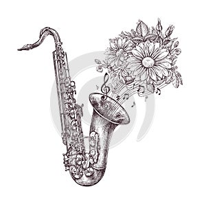 Jazz music. Hand-drawn sketch a saxophone, sax and flowers. Vector illustration