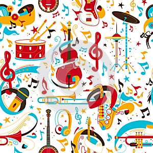 Jazz music instruments retro vector seamless pattern