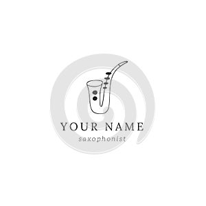 Jazz music logo template with hand drawn vector saxophone icon.