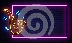 Jazz Music Neon Signboard in Frame Vector. Live music neon sign, design template, modern trend design, night neon