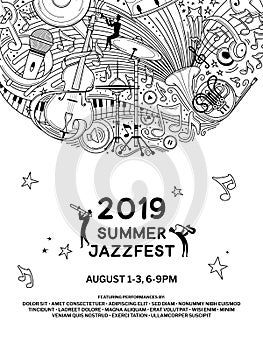 Jazz music night event poster vector outline template