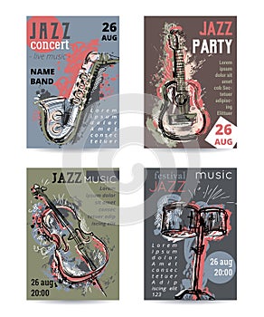 Jazz music party with musical instruments. Saxophone, guitar, cello, drum kit with grunge watercolor splashes.