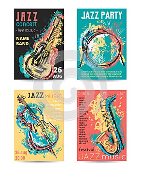 Jazz music party with musical instruments. Saxophone, guitar, cello, drum kit with grunge watercolor splashes.