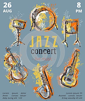 Jazz music party with musical instruments. Saxophone, guitar, cello, drum kit with grunge watercolor splashes.