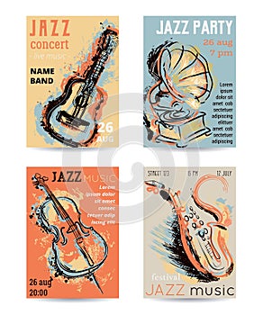 Jazz music party with musical instruments. Saxophone, guitar, cello, gramophone with grunge watercolor splashes.