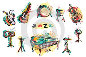 Jazz music party poster with musical instruments collection. Piano, saxophone, guitar, cello, drum kit in grunge watercolor style.