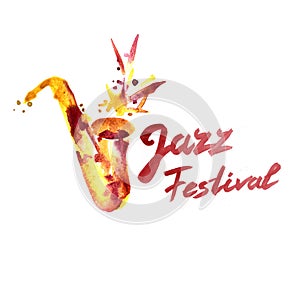 Jazz music, poster background template. Watercolor saxophone and lettering.