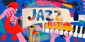 Jazz music promotional poster with musical instruments colorful vector illustration. Piano keys, trumpet and saxophone banner for