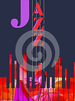 Jazz music promotional poster with piano keyboard vector illustration. Colorful music background with piano keys, music show, live