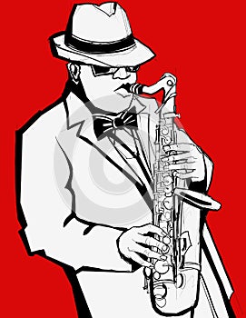 Jazz music saxophonist on a red background