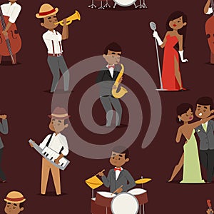 Jazz music seamless pattern group of creative young people playing on instruments vector illustration