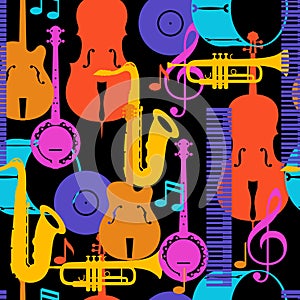 Jazz music seamless pattern with musical instruments