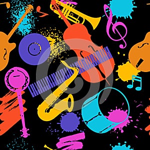 Jazz music seamless pattern with musical instruments