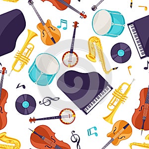 Jazz music seamless pattern with musical instruments