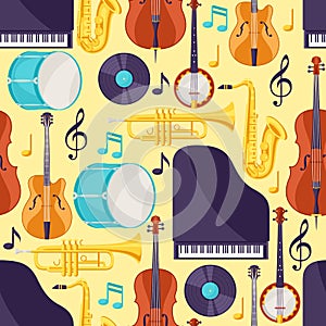 Jazz music seamless pattern with musical instruments