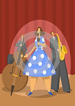 Jazz music trio. Contrabassist, saxophonist and singer. Abstract Vector illustration.