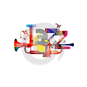 Jazz music typographic colorful background with trumpet vector illustration. Artistic music festival poster, live concert, creativ