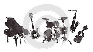 Jazz musical instruments, black and white graphics, abstraction