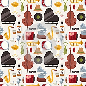 Jazz musical instruments jazzband music seamless pattern background vector