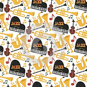 Jazz musical instruments tools background jazzband piano saxophone music seamless pattern sound vector illustration rock