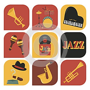 Jazz musical instruments tools icons jazzband piano saxophone music sound illustration rock concert note.