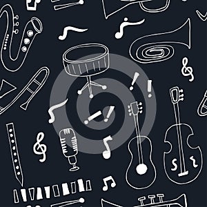 Jazz musical instruments vector seamless pattern