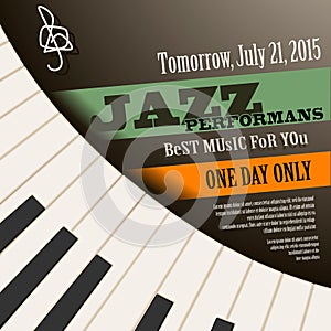 Jazz musician concert poster with piano keys . Vector