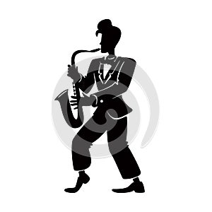 Jazz musician with saxophone black silhouette vector illustration