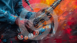 Jazz musicians hands on a saxophone painted with soulful brushstrokes and deep