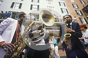 Jazz musicians performing on the French Quarter, New Orleans at Mardis Gras, LA