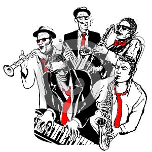 Jazz musicians playing trumpet, piano and saxophone