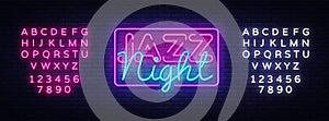 Jazz Night neon sign vector. Jazz Music design template neon sign, light banner, neon signboard, nightly bright