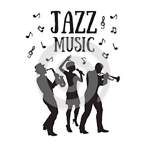 Jazz  Orchestra. Silhouettes  of trumpet player, saxophonist and african woman singer. 50`s or 60`s style musicians photo