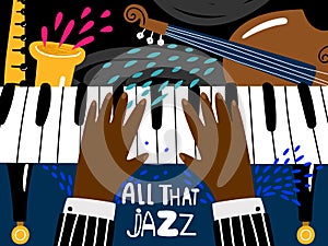 Jazz piano poster. Blues and jazz rhythm musical art festival, vector vintage music band concert poster template in