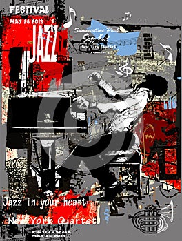 Jazz poster with pianist over grunge background