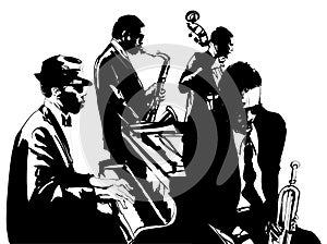 Jazz poster with saxophone, double-bass, piano and trumpet